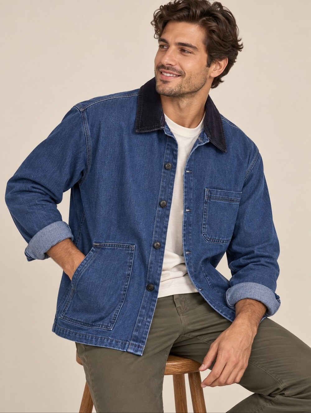 FOLK New Nelson Mid Denim Shirt Jacket LARGE Corduroy Collar Workwear Blue Men's